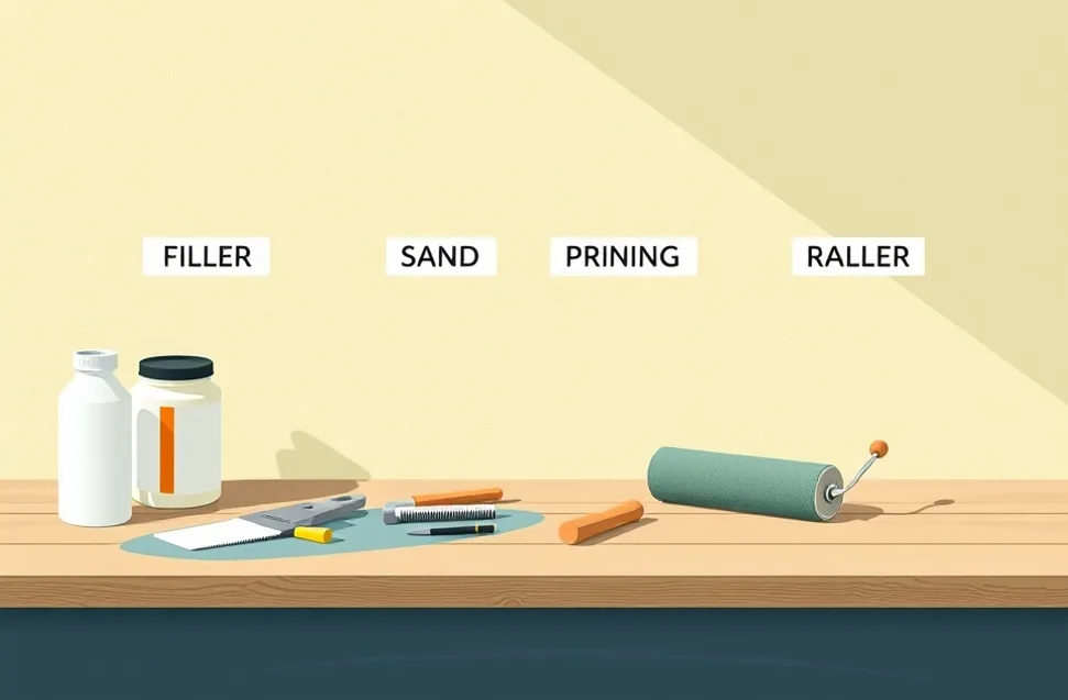 Outils de peinture disposés dans l'ordre des étapes du chantier