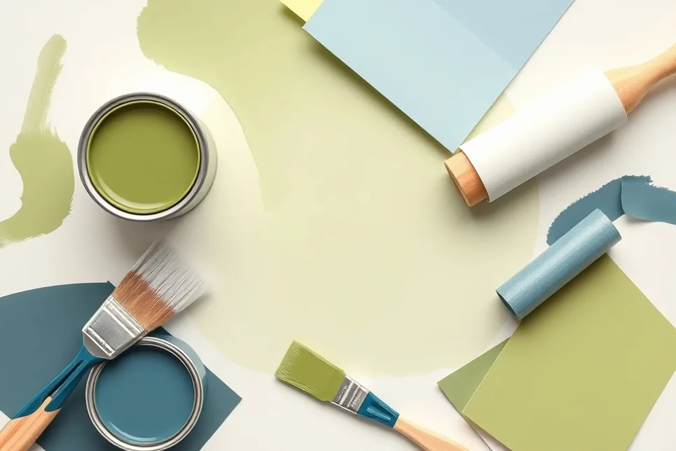 Pots de peinture, nuancier, brosses et rouleaux disposés à plat