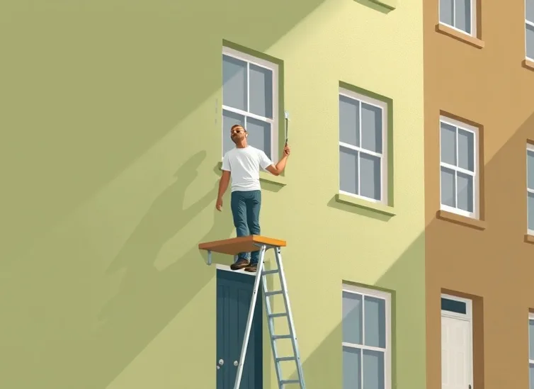 Peintre sur échafaudage traitant la façade d'une maison