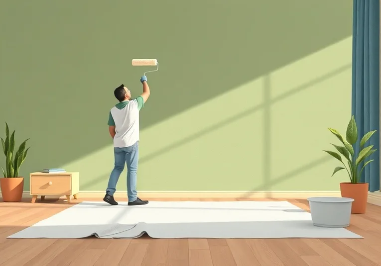 Peintre appliquant la peinture au rouleau sur un mur de salon